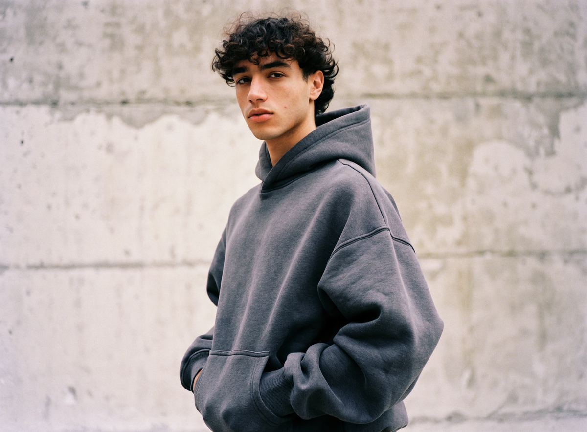 Model wearing an oversized heavyweight charcoal hoodie, showing the structured fleece drape