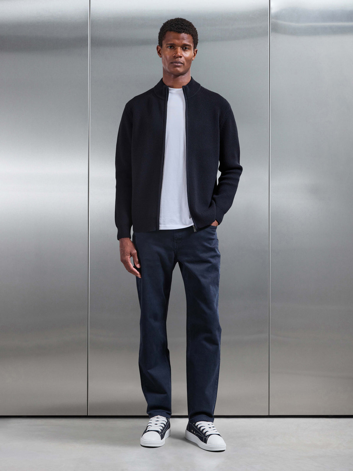 Chunky Ribbed Zip Jacket in Navy