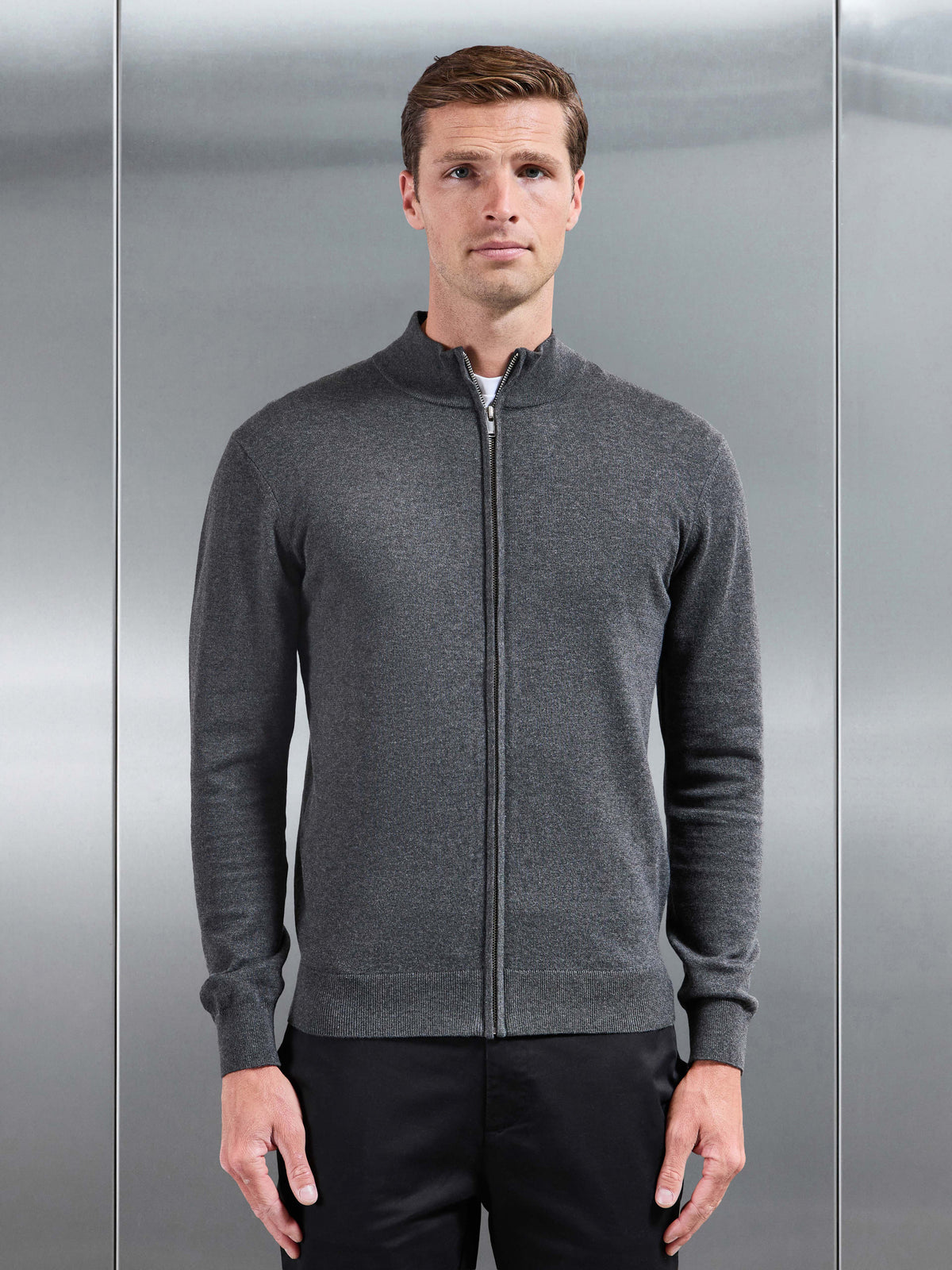 Cotton Knitted Zip Jacket in Charcoal Marl
