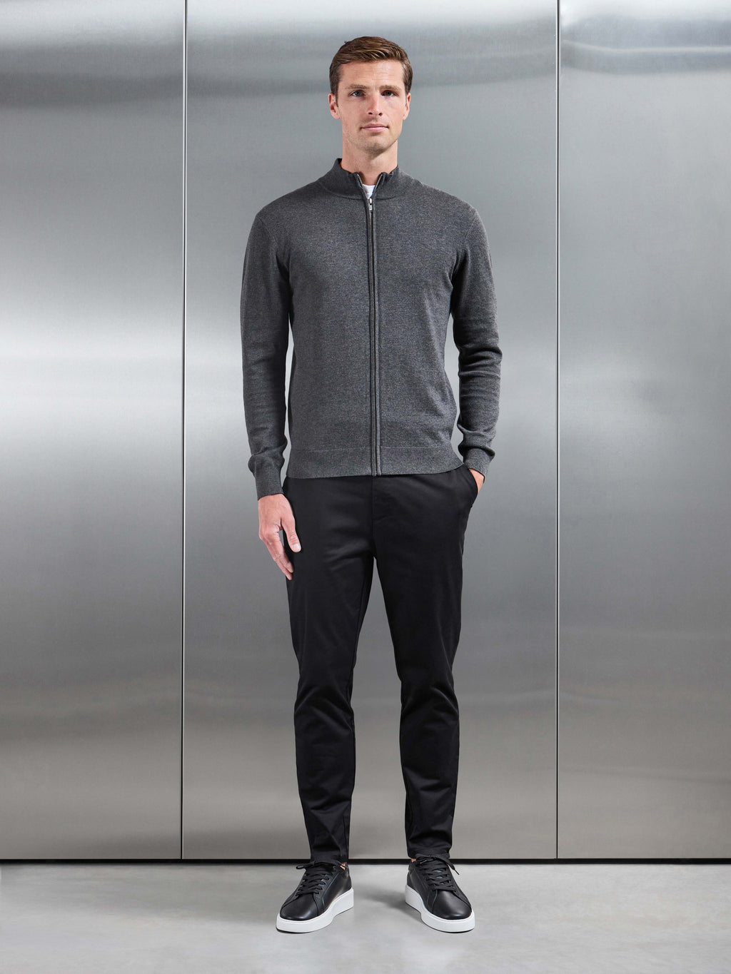 Cotton Knitted Zip Jacket in Charcoal Marl