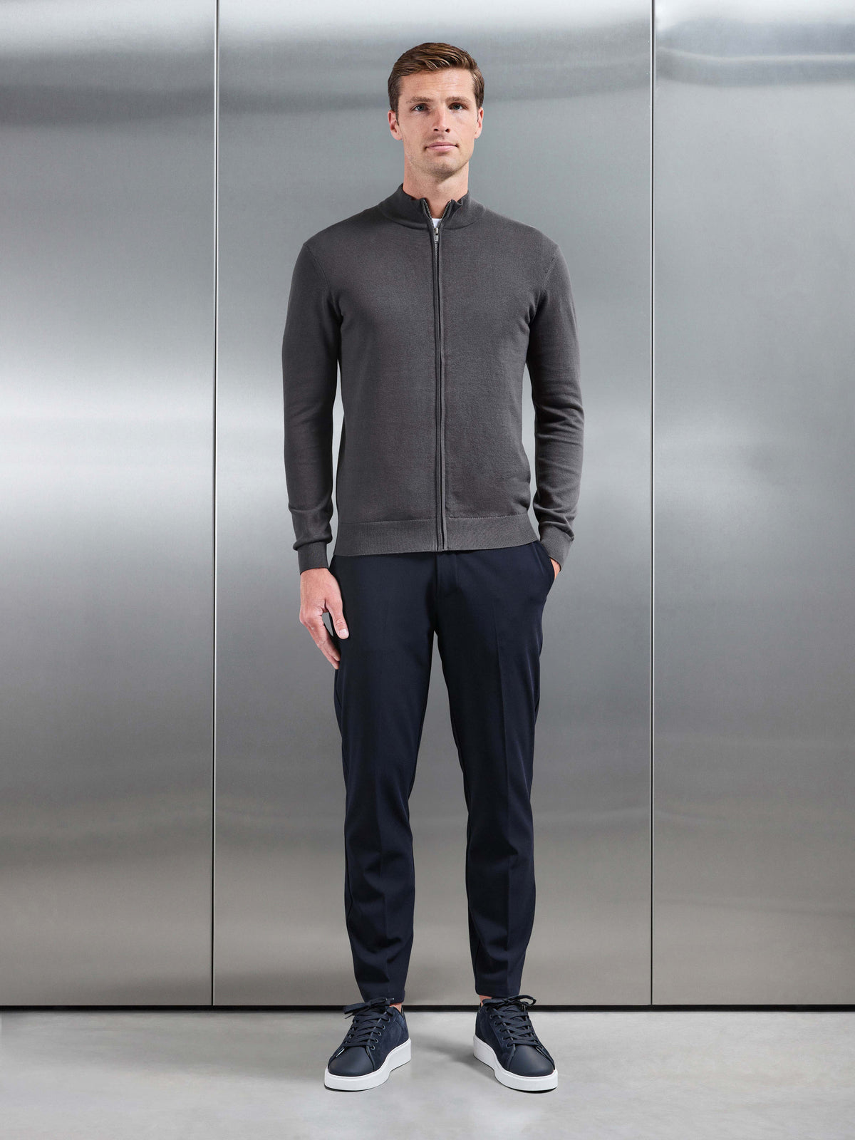 Cotton Knitted Zip Jacket In Grey