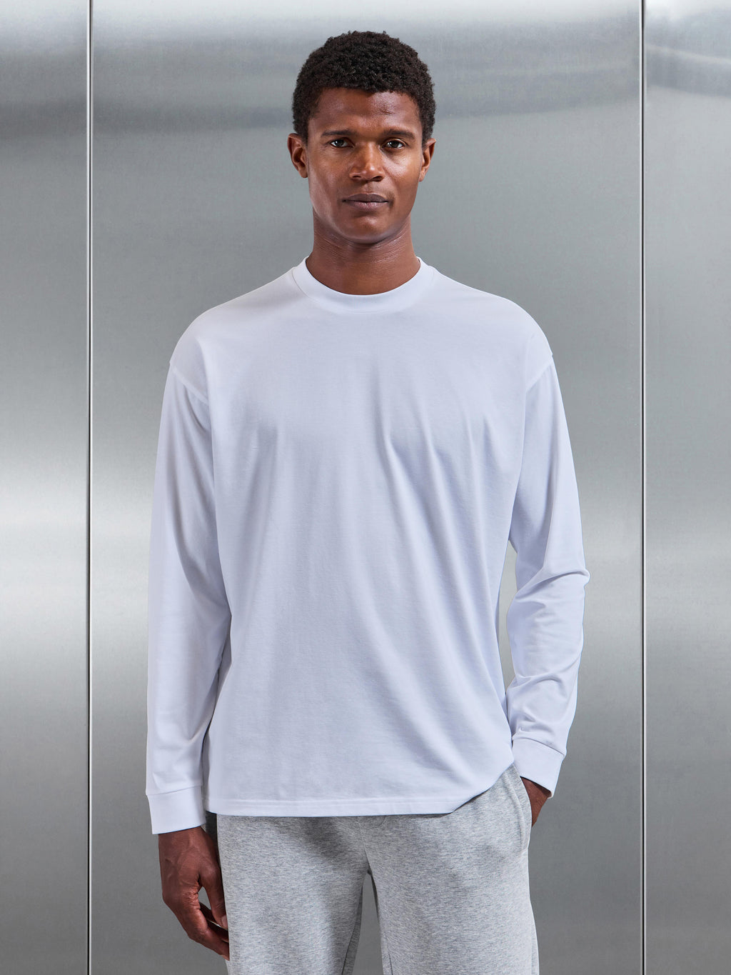 Essential Cotton Stretch Long Sleeve Relaxed T-Shirt in White