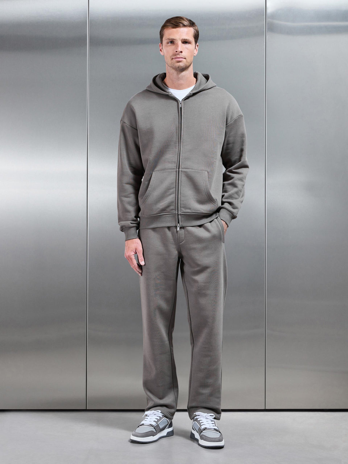Essential Relaxed Fit Zip Through Hoodie in Grey – relaxed fit men's hoodie – view 2