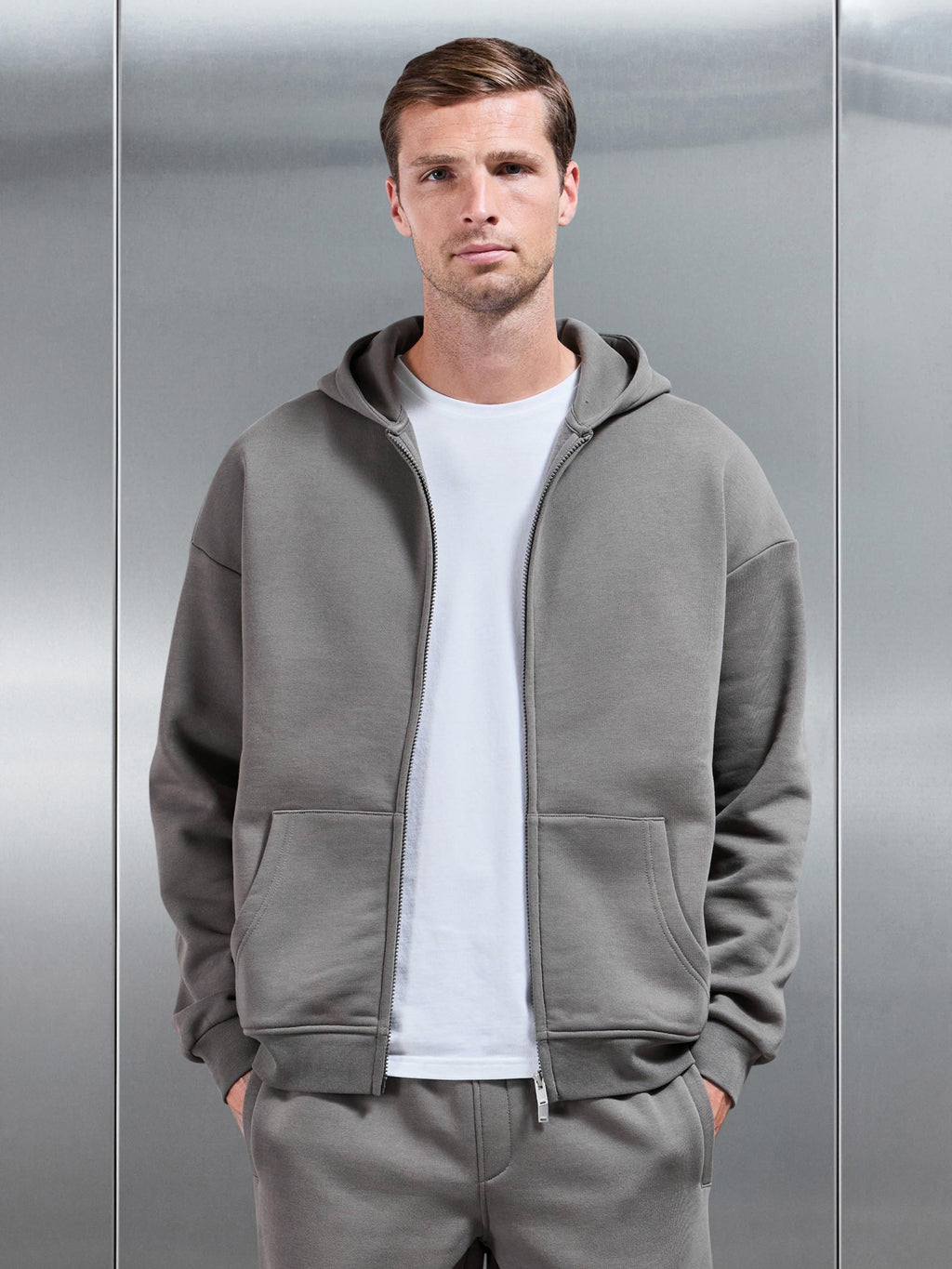 Essential Relaxed Fit Zip Through Hoodie in Grey