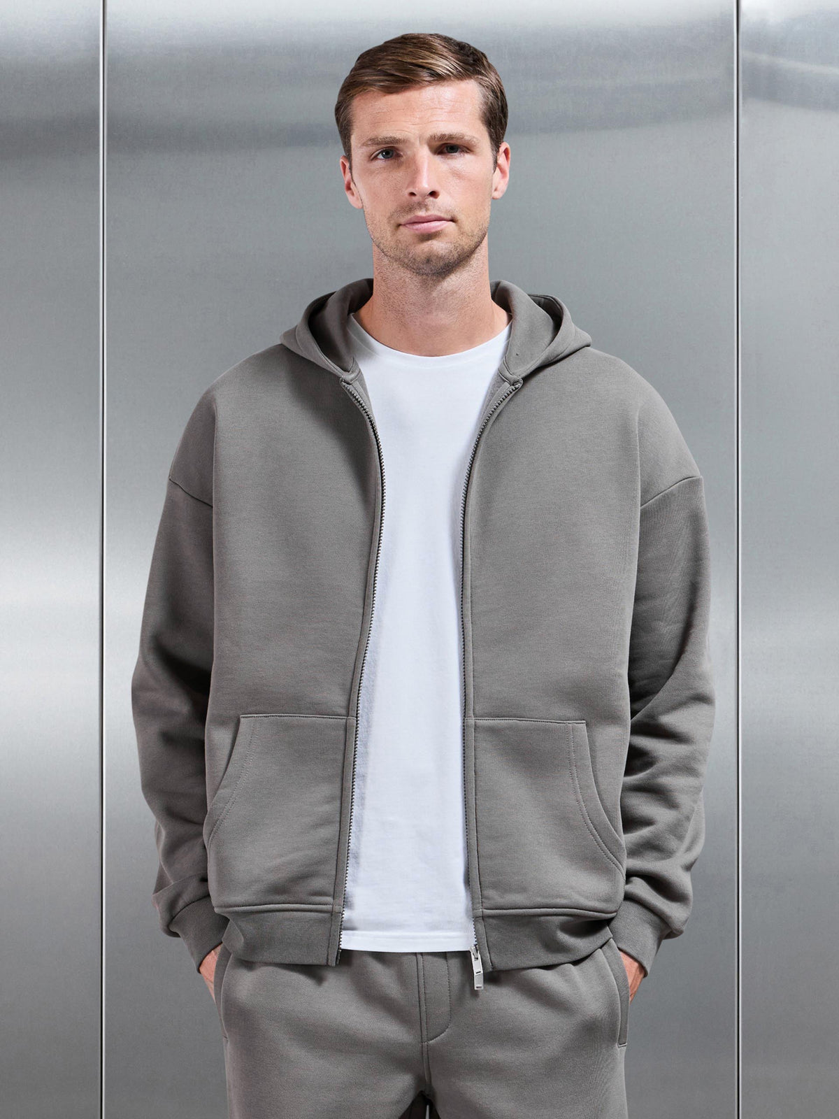 Essential Relaxed Fit Zip Through Hoodie in Grey