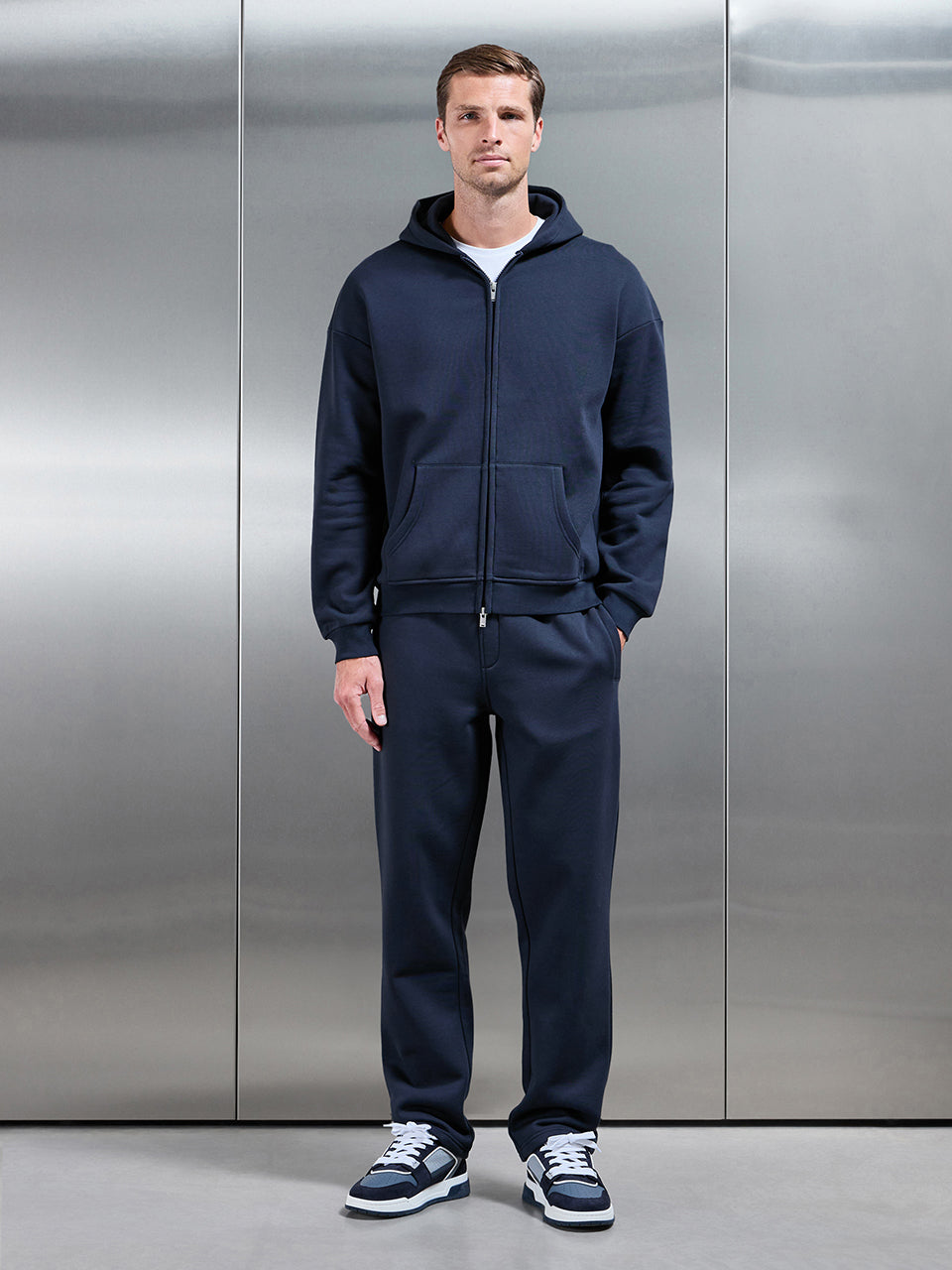 Essential Relaxed Fit Zip Through Hoodie in Navy – relaxed fit men's hoodie – view 2