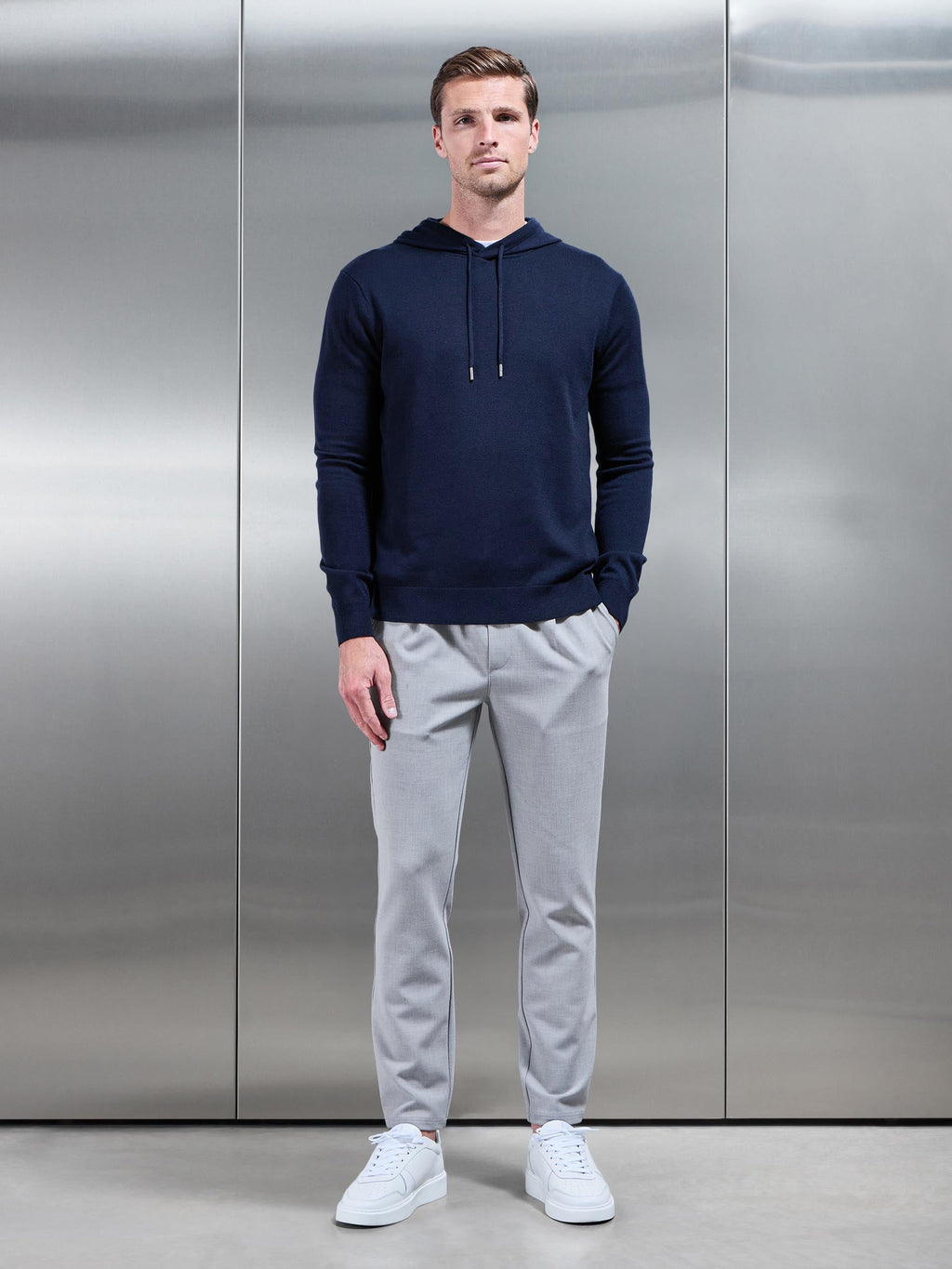 Mercerised Knitted Hoodie in Navy