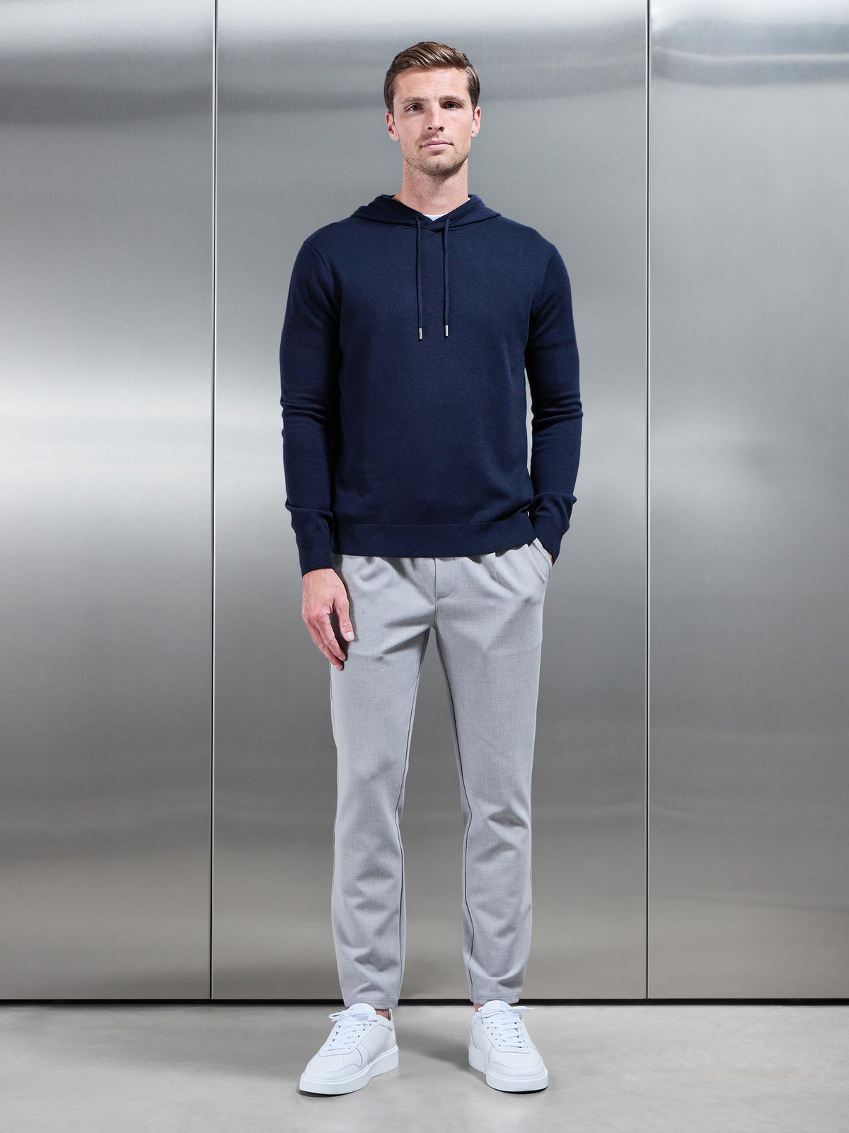 Mercerised Knitted Hoodie in Navy