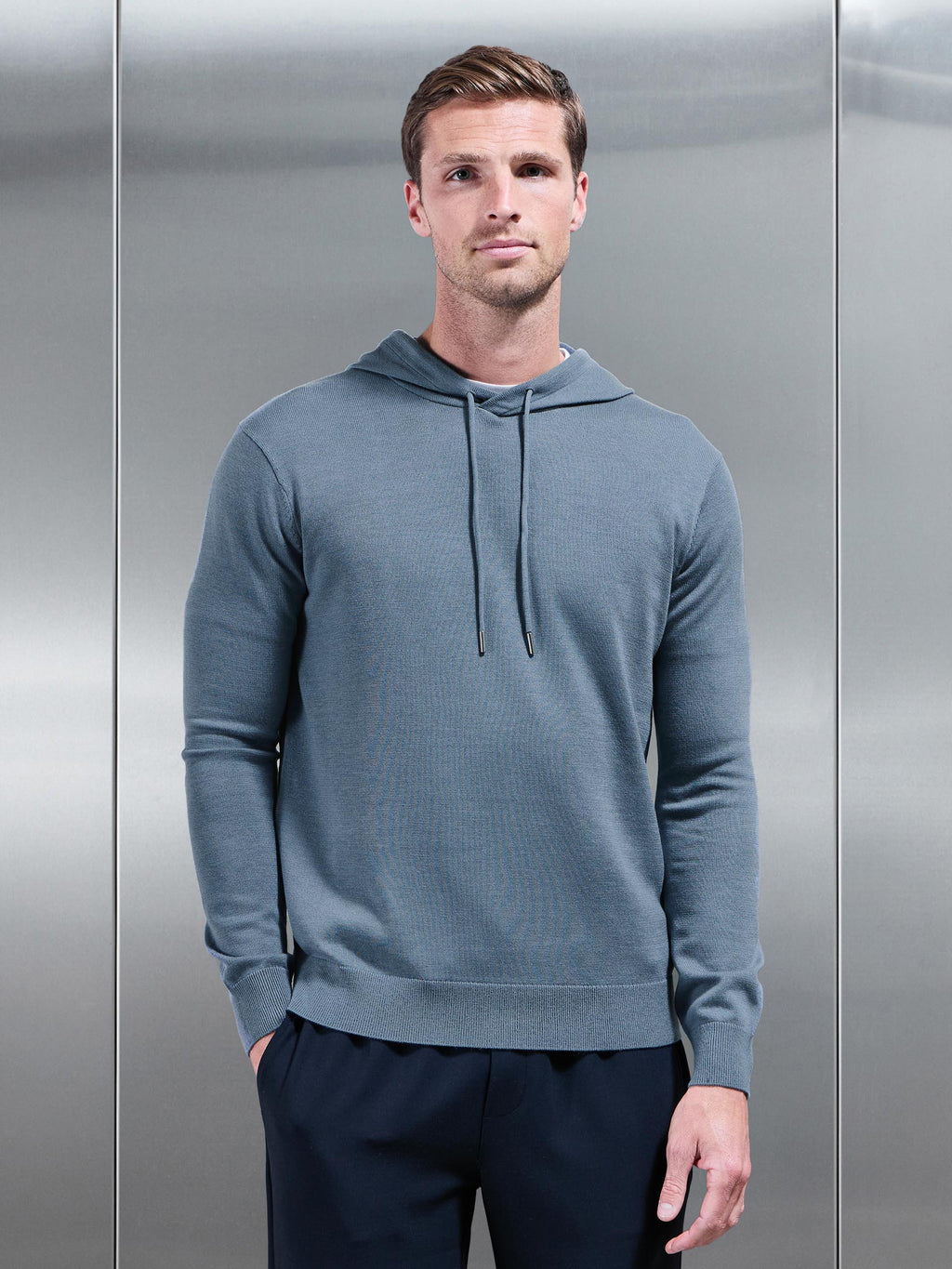 Mercerised Knitted Hoodie in Steel Blue