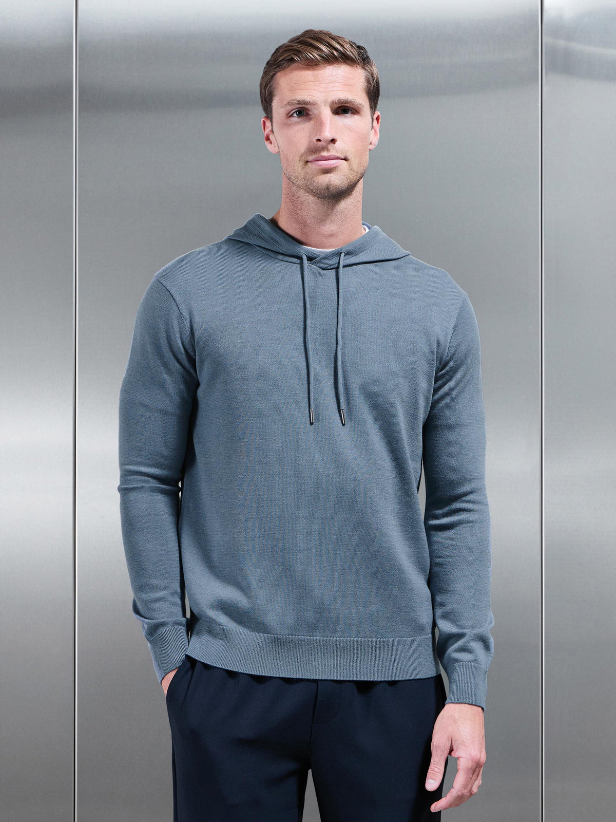 Mercerised Knitted Hoodie in Steel Blue
