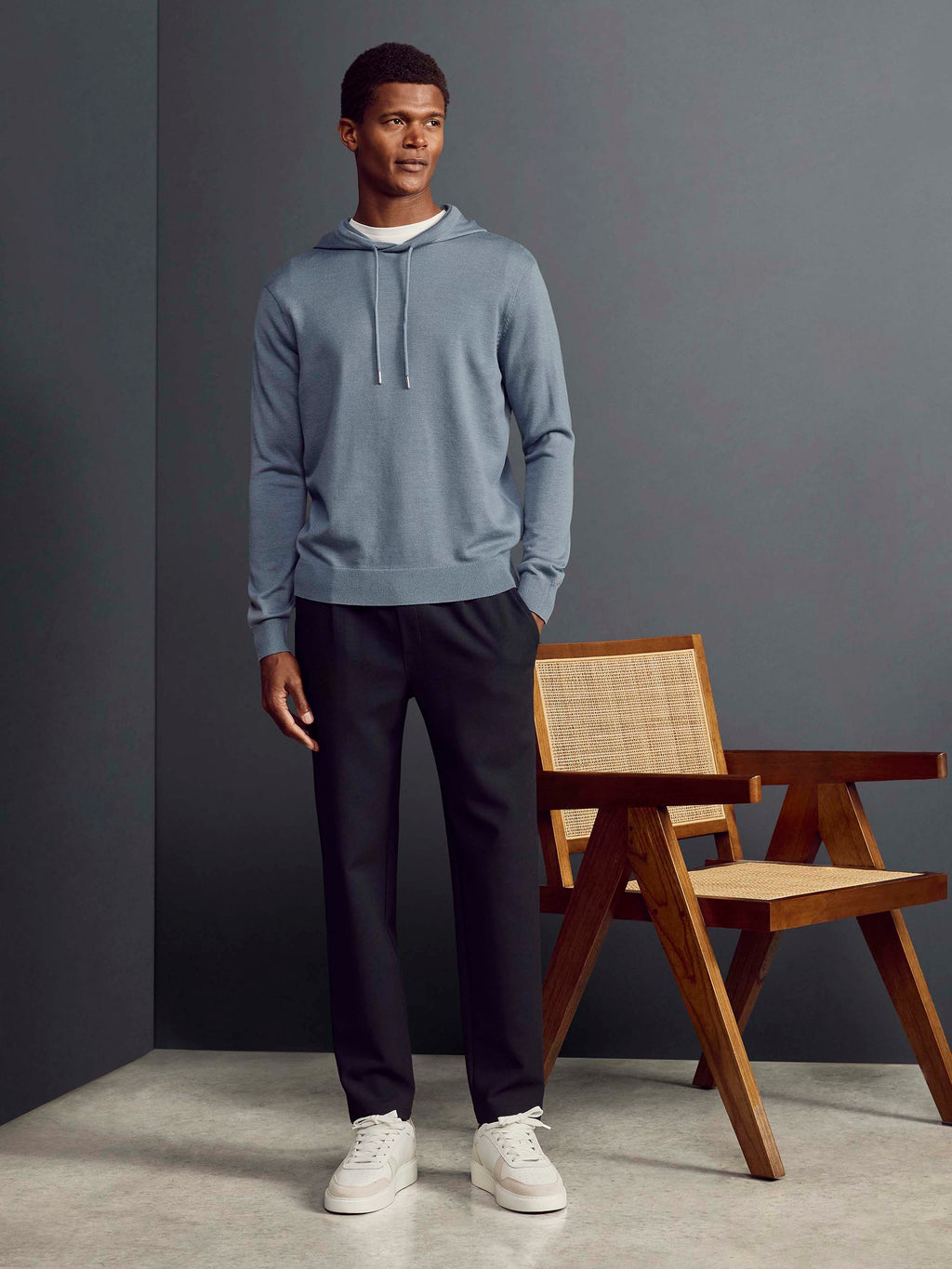 Mercerised Knitted Hoodie in Steel Blue