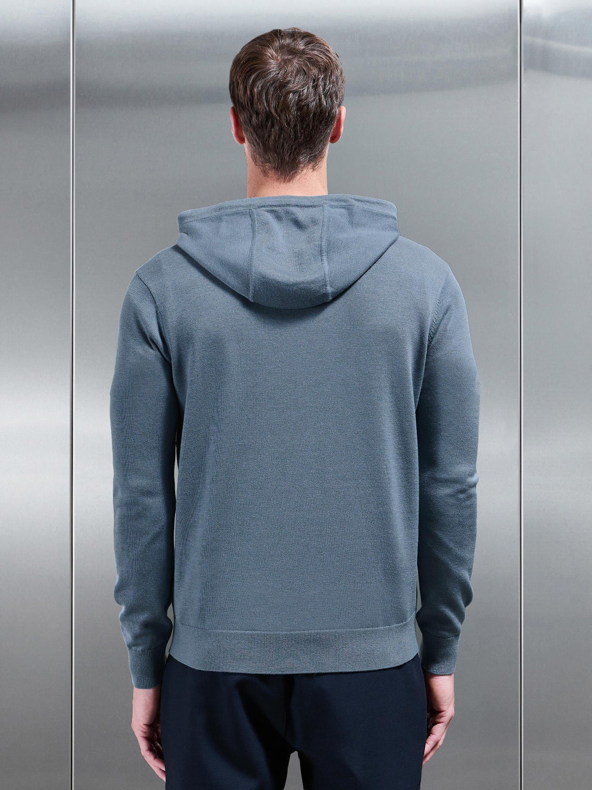 Mercerised Knitted Hoodie in Steel Blue