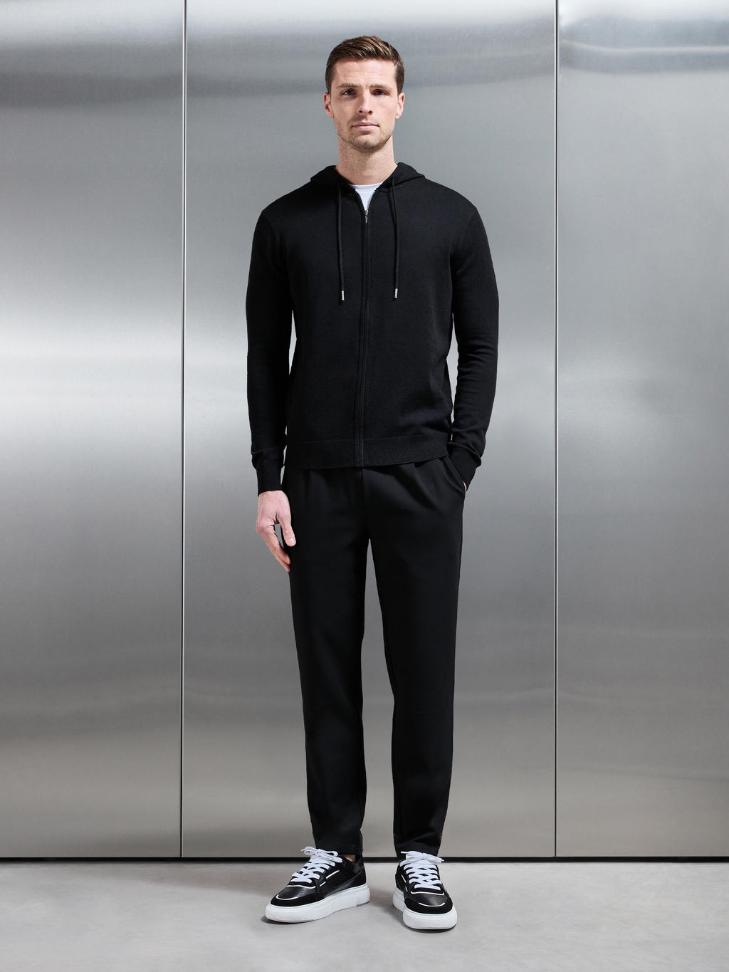Mercerised Knitted Zip Hoodie in Black