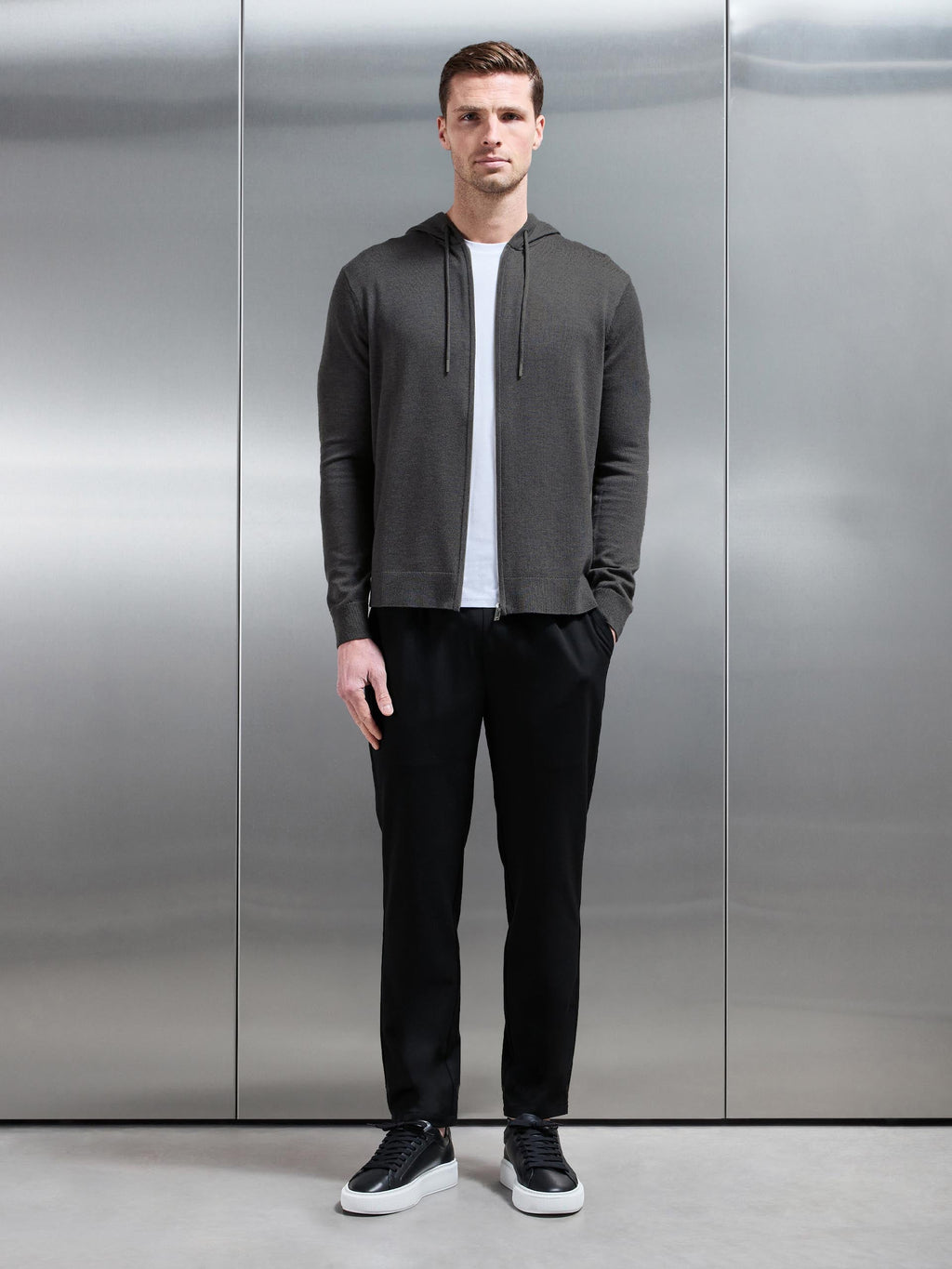 Mercerised Knitted Zip Hoodie in Charcoal Marl