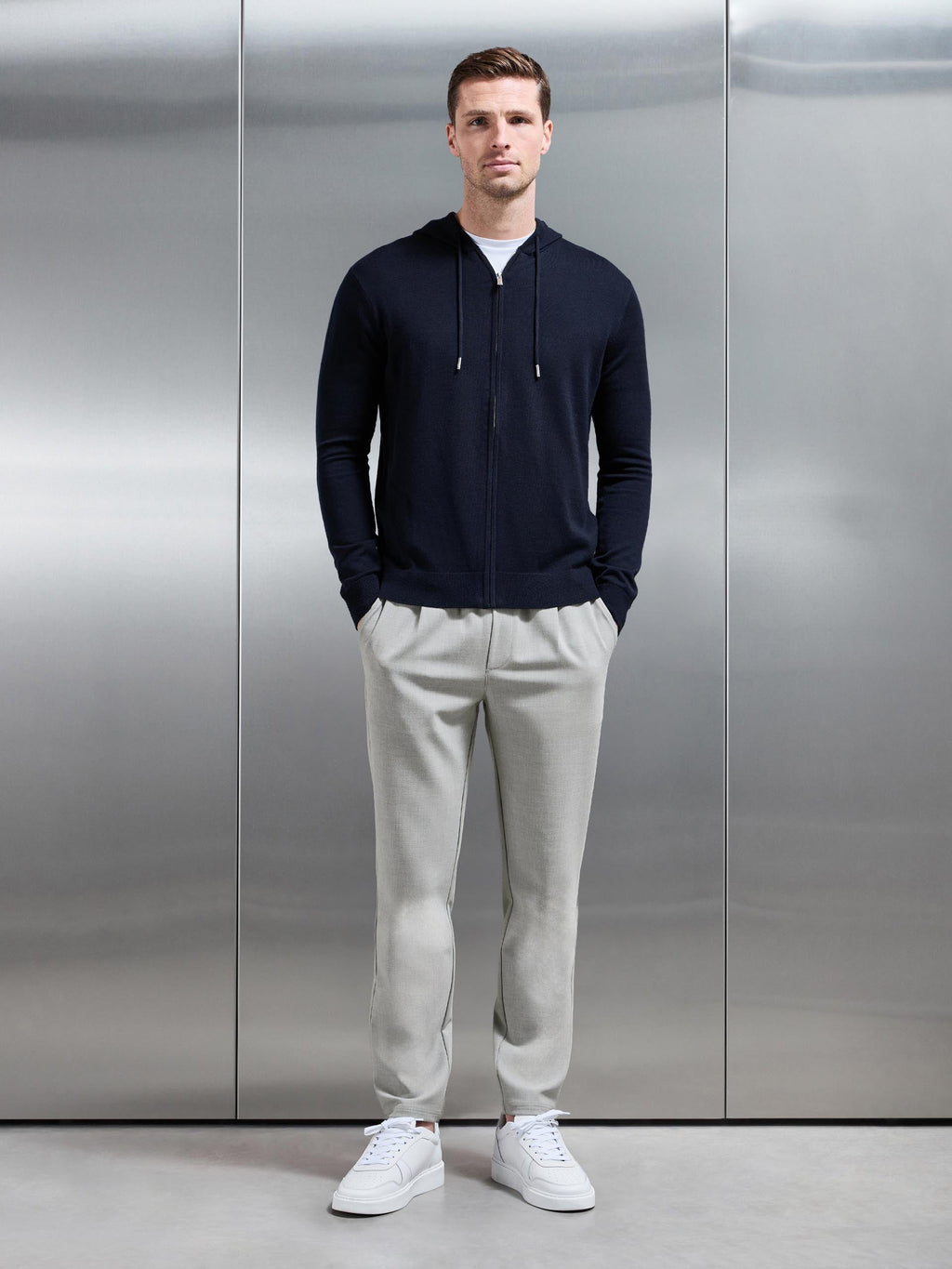 Mercerised Knitted Zip Hoodie in Navy